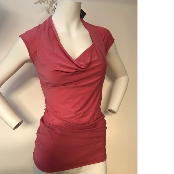 .Le Chateau Corral Peach Salmon Pink Blush Top Asymmetrical Cowlneck Stretchy - Picture 2 of 5